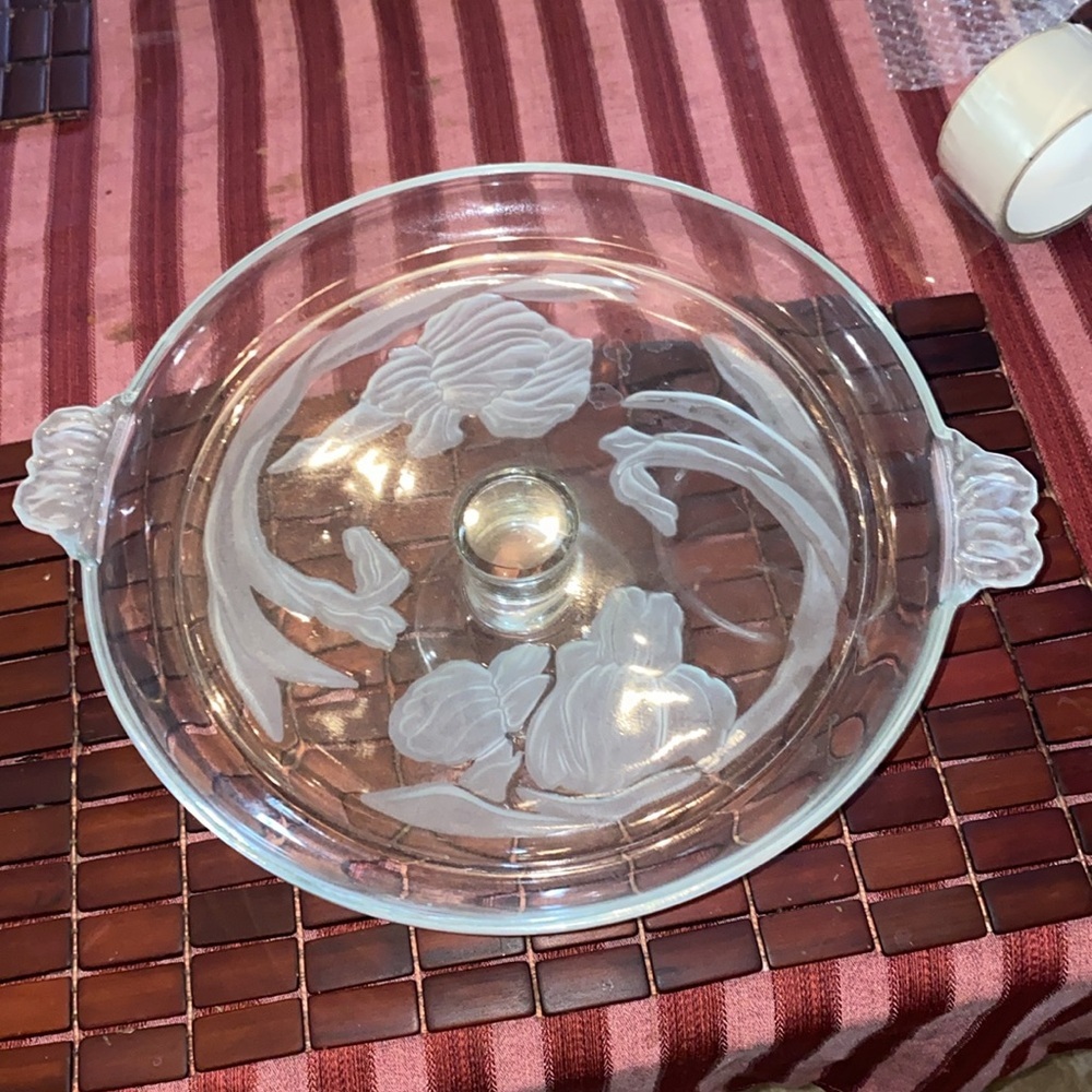 Round Glass Orchid Serving Cake Platter Etched 12" Ear Handle & Cloche 11" Dome - Picture 2 of 5